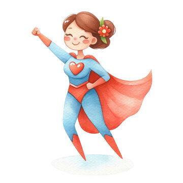 recommend clip art: Super Mom Mother's Day cartoon clipart vector strong woman. Superhero mom characters. watercolor illustration. 
