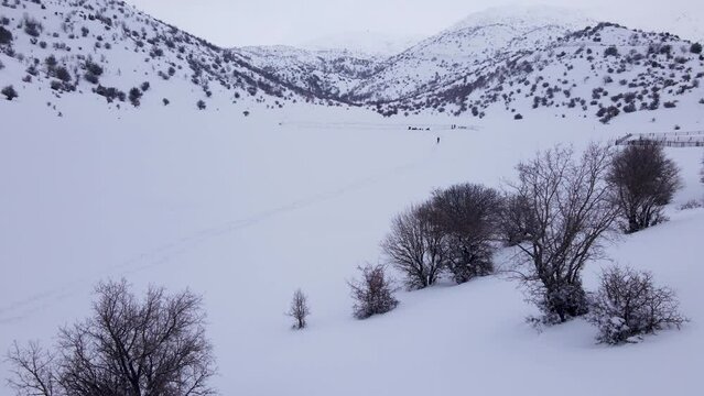 Aerial shot over snow on Mount Hermon (Jabal al-Shaykh) during winter in Israel