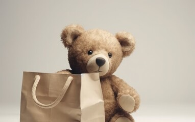 Obraz premium Teddy bear toy and paper shopping bag on white background, children's toys promotion advertising, children's gifts, children's birthday invitation card cover
