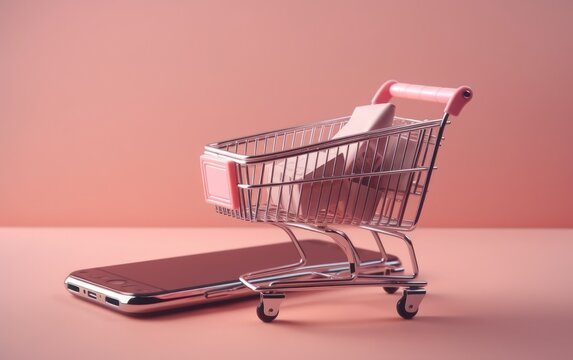 Isolated shopping cart and mobile phone on pink background, online shopping promotion advertisement, mobile shopping, online shopping add to cart, seasonal promotion, summer sale