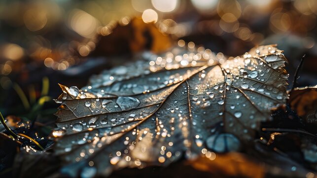Sunlit Dew Drops on Dark Green Leaves with Artistic Bokeh Background Close-Up