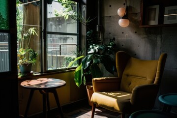 Chair and Table in a Room With a Window. Generative AI.