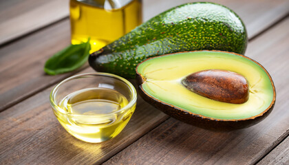 Close-up of an avocado and avocado oil on wooden table. Healthy food concept. - obrazy, fototapety, plakaty