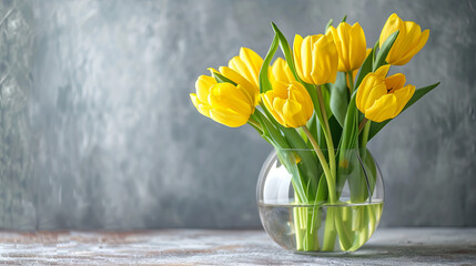 Yellow tulips in a round glass vase on a gray background