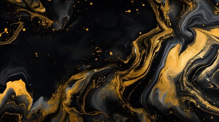 Luxurious Gold Marble Pattern: Abstract Fluid Design with Black Accents, Ideal for Modern Wallpapers and Artistic Displays