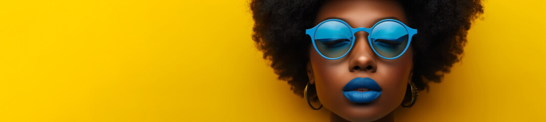 African American woman with blue lipstick and stylish sunglasses against a vibrant yellow background with ample copy space - obrazy, fototapety, plakaty