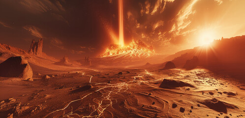 A breathtaking scene of lava erupting on the surface of Mars. Generative AI.