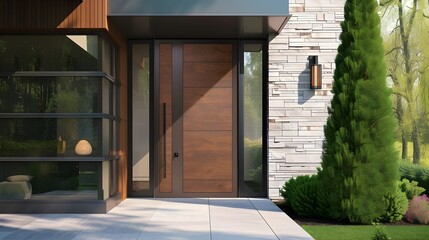 Contemporary Wood Grain Fiberglass Front Entry Door: Single Door with Sidelite