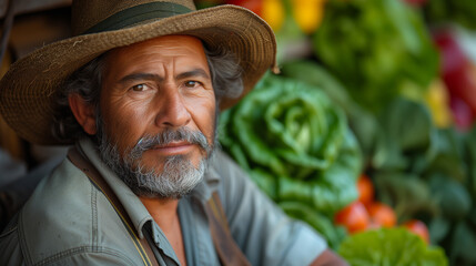Fototapeta premium A thoughtful a male farmer standing in the middle of a corn field outdoor, reflecting sustainable agriculture.