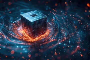 The Blockchain Cube consists of digital binaries. And Gravity Concept Blockchain Technology Bitcoin Defi Decentralized Background Futuristic 3D Rendering