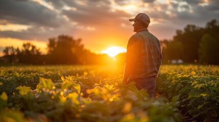 A thoughtful a male farmer standing in the middle of a corn field outdoor, reflecting sustainable agriculture.