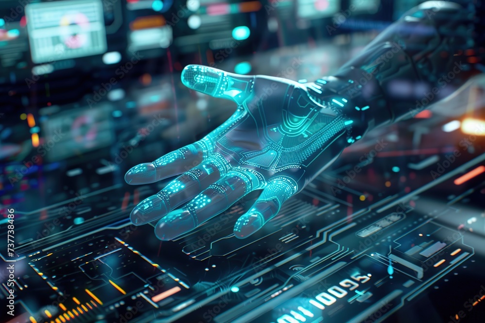 Poster digital hand with interface design in hand. interface concept. ai hand