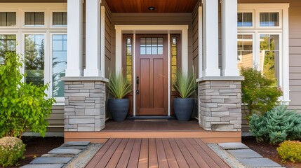 Inviting Suburban Home Entrance: Stylish Design with Grass Pot and Wooden Path Leading to Front Door