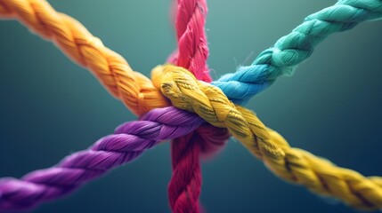 Diverse Team Ropes Connect in a Powerful Display of Partnership, Unity, and Support - Empowering Concepts in Colorful Background