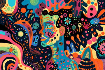 Vivid portrayal of patient's hallucinations, delusions, and voices through colorful shapes, patterns, and words, vector illustration.  Psychedelic Art	




