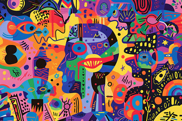 Vivid portrayal of patient's hallucinations, delusions, and voices through colorful shapes, patterns, and words, vector illustration.  Psychedelic Art	




