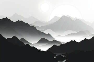 Fantasy on the theme of the mountain landscape, black and white landscape. horizontal banner