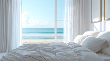 Luxury bright bedroom with white sheets with large windows and blue ocean views