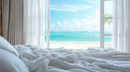 Luxury  bedroom with white sheets with large windows and blue ocean views