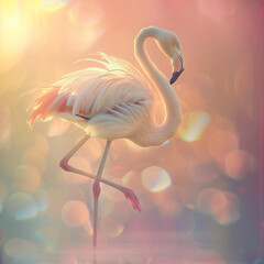Graceful Solitude: A Single Flamingo Balancing Elegantly on One Leg, Detailed Textures and Soft, Radiant Light Creating a Dreamlike Atmosphere