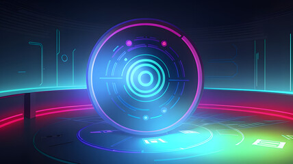 "Futuristic Podium Illuminated by Holographic Technology: A Cyberpunk Portal into the Digital Realm"
"Neon Blue Holographic Light Effect on Podium: Virtual Reality Gaming Concept in Cyberpunk Environm