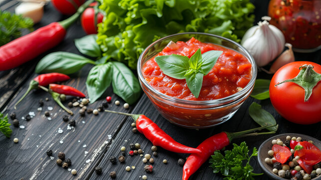 Juicy spicy adjika with tomatoes and peppers with spices and herbs