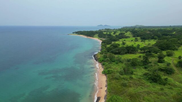 Aerial view from the governor beach at Sao Tome,Africa. Circular drone shot