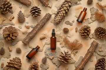 Hand, eye, facial moisturizer cream, serum, essential in glass bottles and pine bark and cone on...