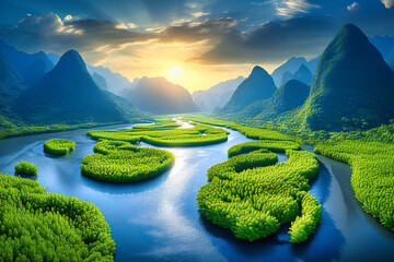 Scenic view of green mountains and rivers in Asia, highlighting the natural beauty and agricultural landscapes of Vietnam - obrazy, fototapety, plakaty