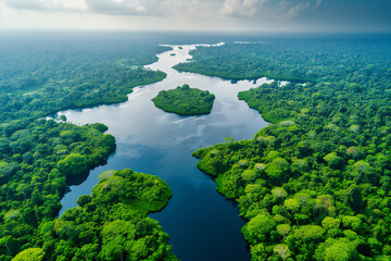 Aerial view of the Amazon rainforest, showcasing the lush green environment and waterways in a tropical landscape