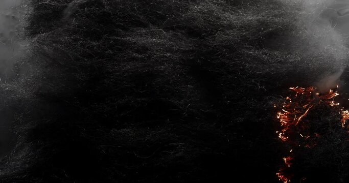Big patch of steel wool burning down, smoking and glowing, forming fascinating patterns