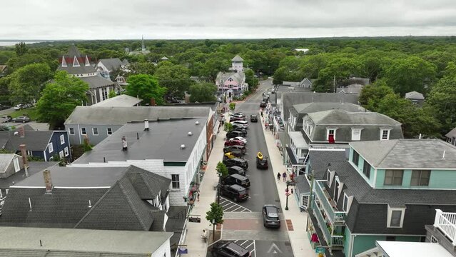 Drone shot of busy downtown streets in Martha's Vineyard, Massachusetts.