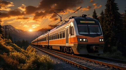 Fototapeta premium A modern train driving on railroad tracks between coniferous trees and mountains under sky during summer day.