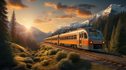 A modern train driving on railroad tracks between coniferous trees and mountains under sky during summer day.
