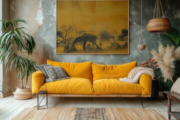 Mockup poster in the living room, the yellow sofa in bohemian style