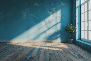 Modern interior empty room, Scandinavian Style ,wood flooring and blue wall ,3d rendering