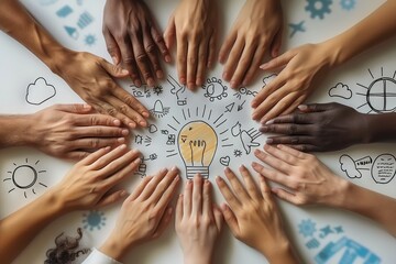 Top-down view over a white surface where multiple hands of various skin tones reach in from the image edges, symbolizing collaboration. Generative AI.