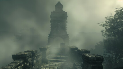 A mystical fog envelops an ancient war monument where warriors of old are remembered their legacy enduring through the centuries - obrazy, fototapety, plakaty