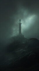 A mystical fog envelops an ancient war monument where warriors of old are remembered their legacy enduring through the centuries - obrazy, fototapety, plakaty