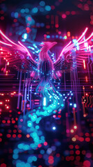 A neon phoenix rises from cyber ashes its wings spreading light over dark threats to VR security