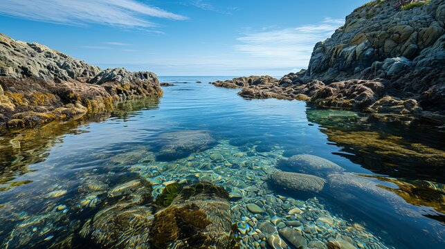 Idyllic Rocky Cove with Crystal Clear Waters under a Bright Blue Sky
