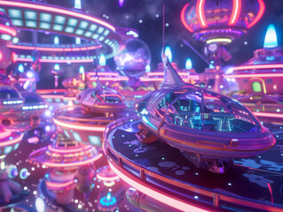 A neon spaceship transport hub where cheerful aliens embark on fast interstellar races across the galaxy