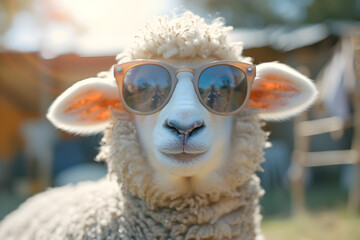 Fototapeta premium A funny and cute sheep wearing sunglasses with a happy emotion, perfect for internet meme and viral content.