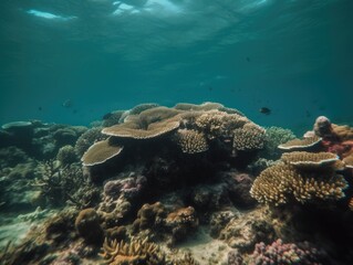 Obraz premium Seabed full of corals, corals on the bottom of the sea, sunlight shining on the corals on the bottom of the sea