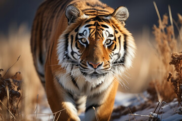 A tiger is preparing to hunt prey in the grassland.