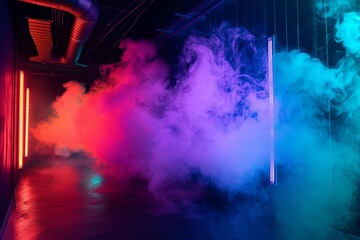 Neon background with colorful smoke in the room