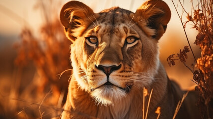 Attentive wild lioness looking away at sunset in african savanna.