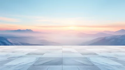 Papier Peint photo Lavable Bleu clair Marble floor leading to a serene mountain landscape at sunrise with soft, pastel skies and ample copy space for text or background