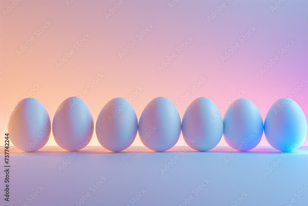 Poster row of evenly spaced white chicken eggs on a surface with a soft pink and blue gradient background, 