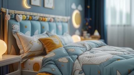 Children's bedroom and bed with linens in blue shades, bedtime. Restful sleep, time to dream, peace and wisdom
